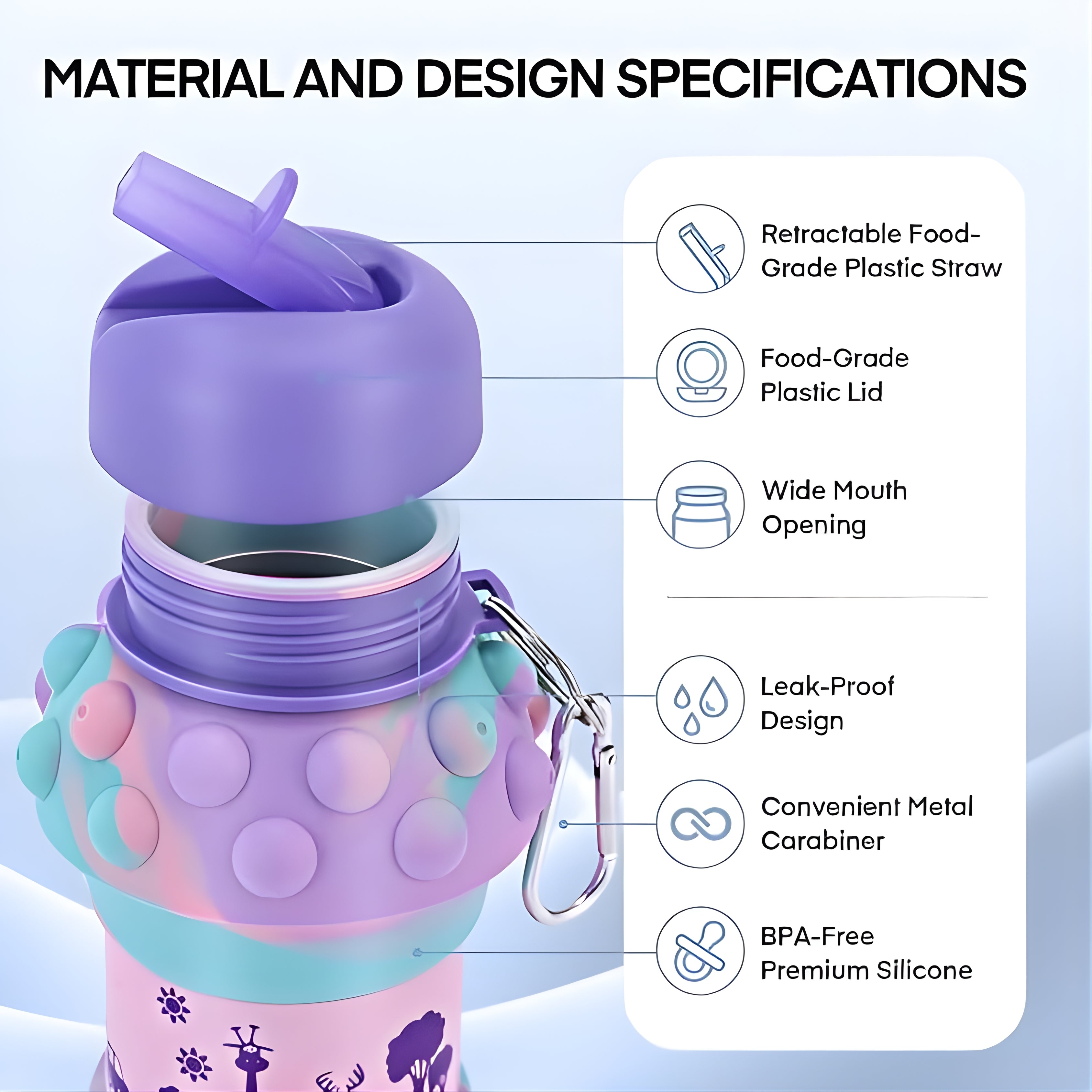 Purple Dotted Silicone Collapsible Water Bottle (600ml)