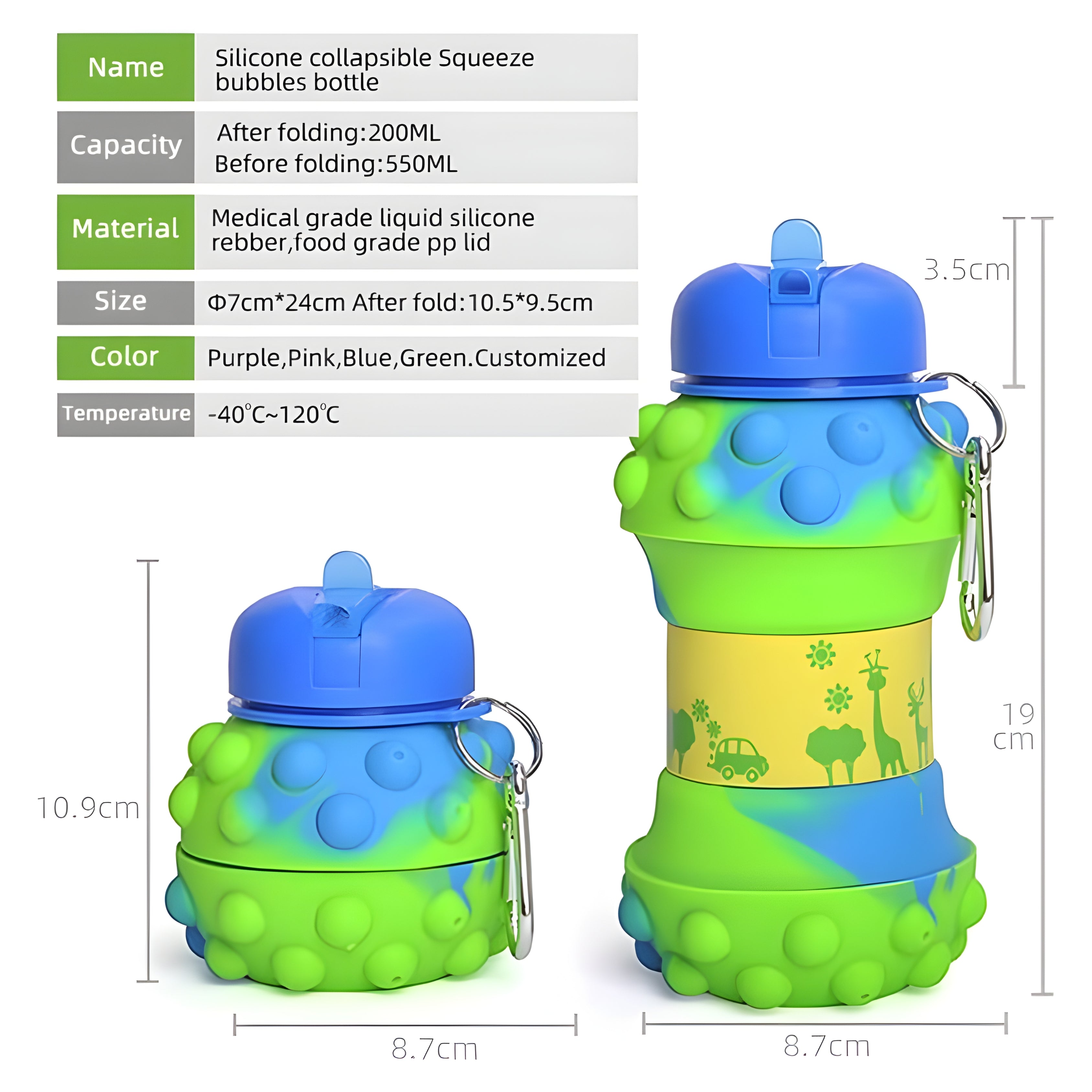 Green Dotted Collapsible Silicone Water Bottle (600 ml)