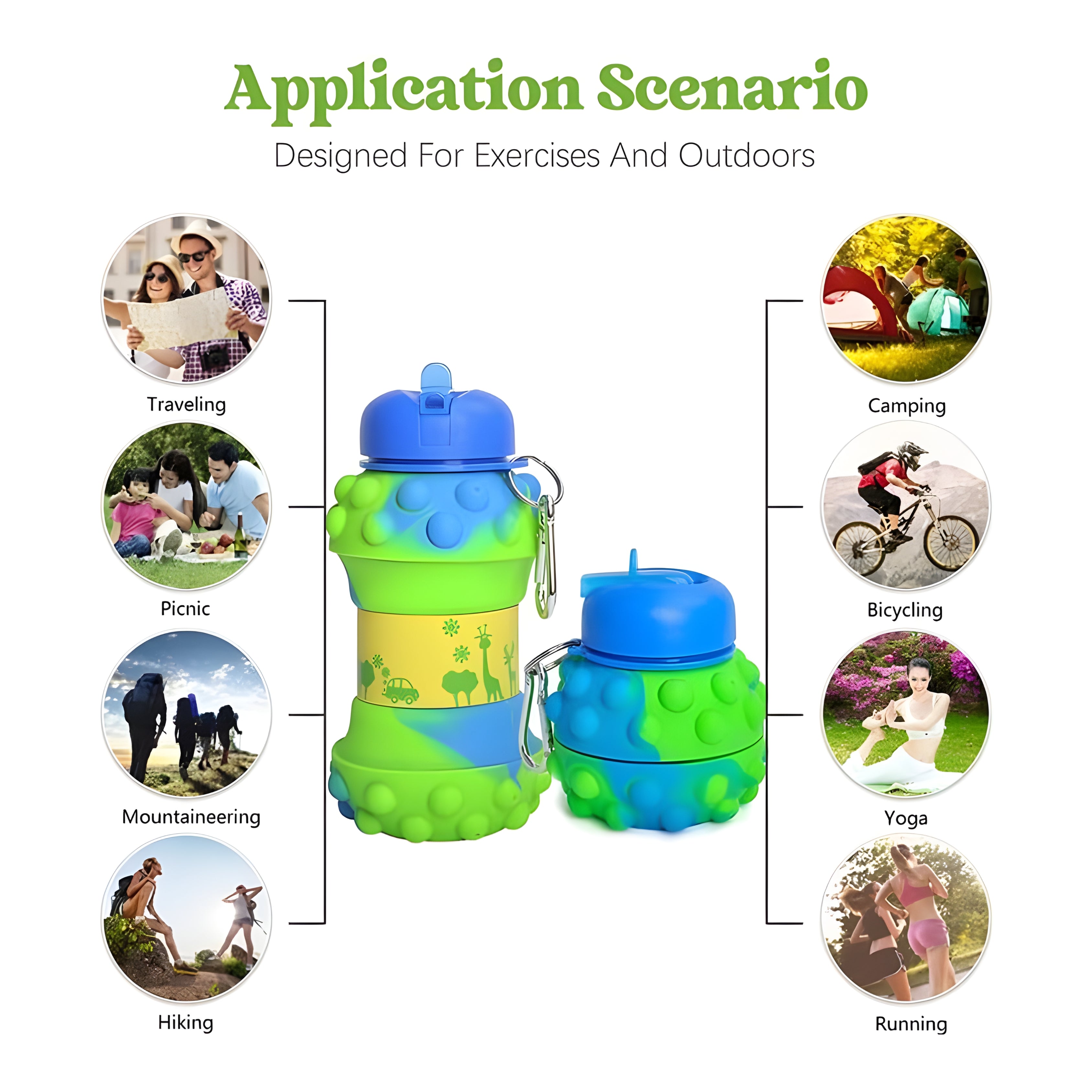 Green Dotted Collapsible Silicone Water Bottle (600 ml)