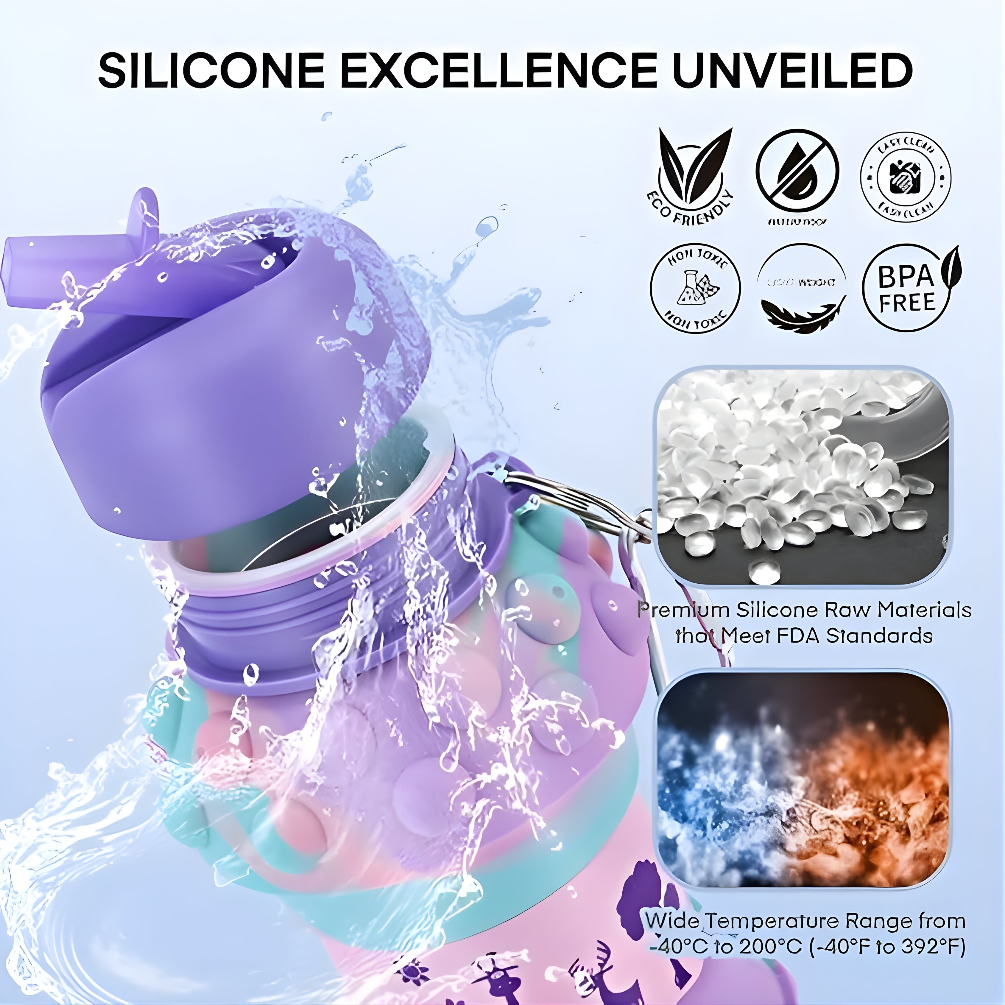 Purple Dotted Silicone Collapsible Water Bottle (600ml)